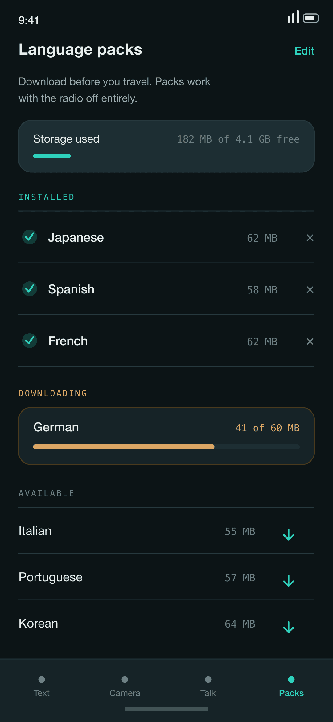 Language pack manager showing installed packs with sizes, one downloading, and more available.