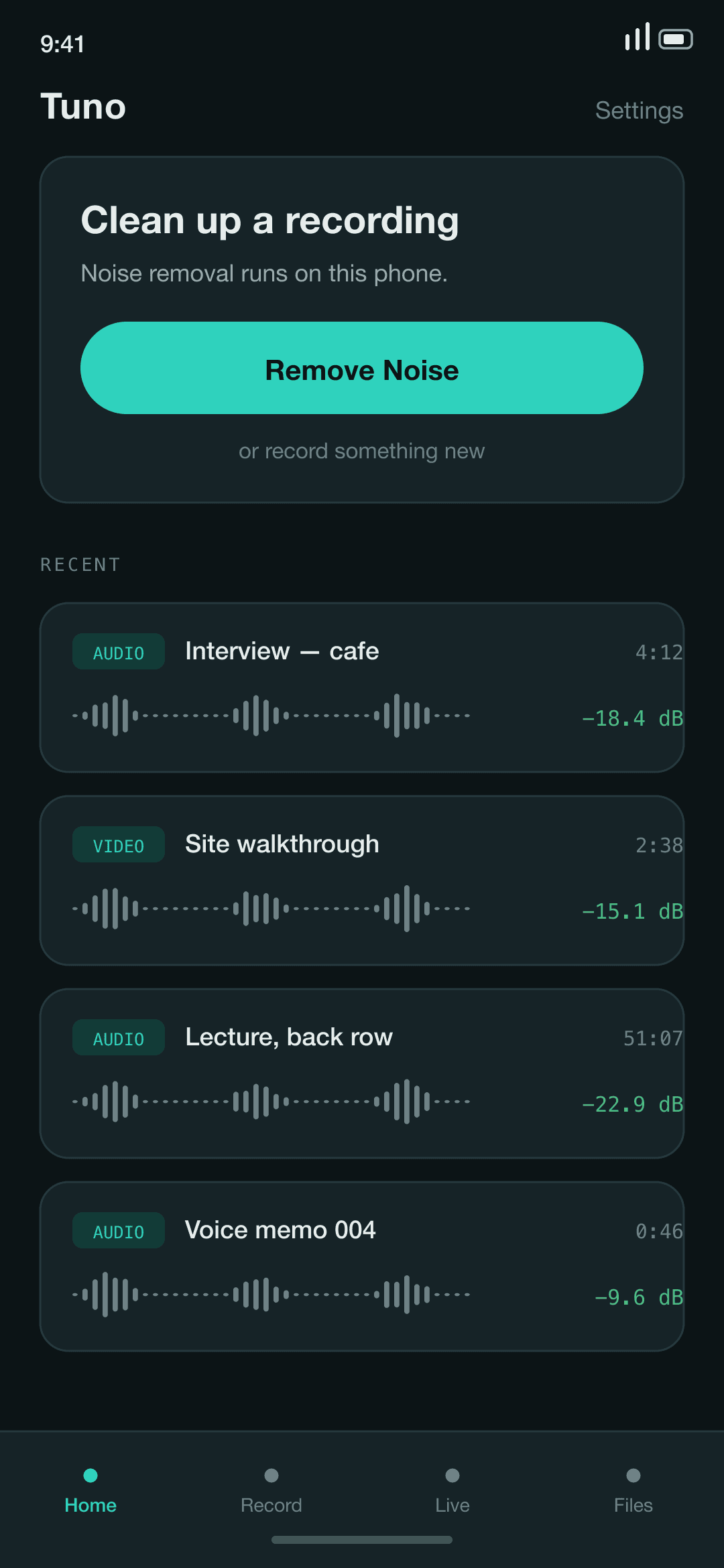 Home screen listing recently cleaned files with audio and video badges, above a large Remove Noise button.