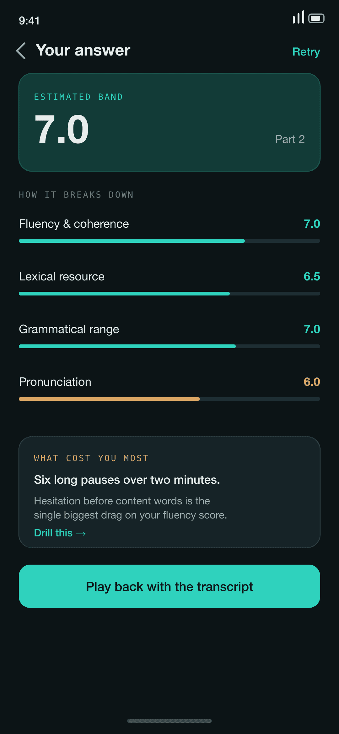 An estimated band 7.0 broken down by fluency, lexical resource, grammatical range and pronunciation.