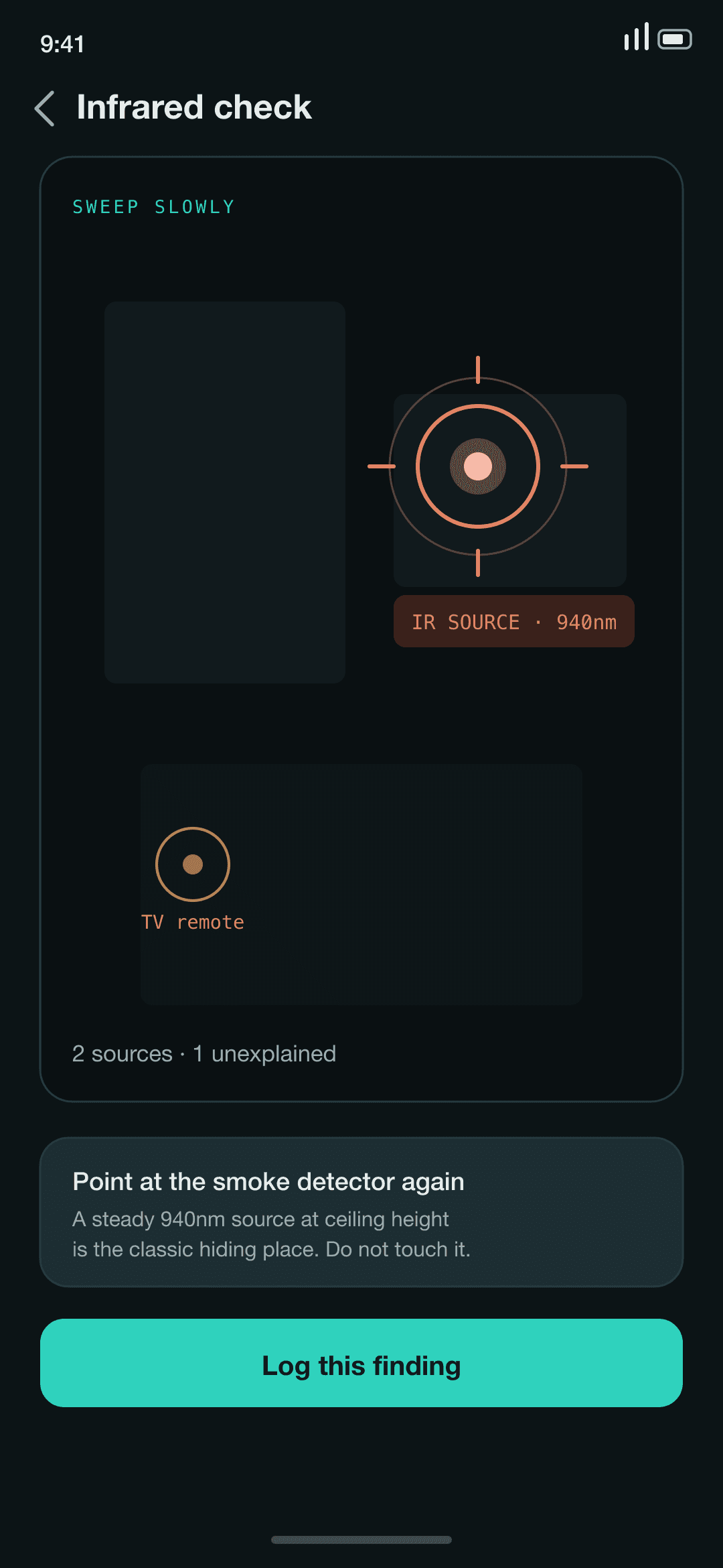 Infrared sweep with a detection reticle over an unexplained 940nm source at ceiling height.