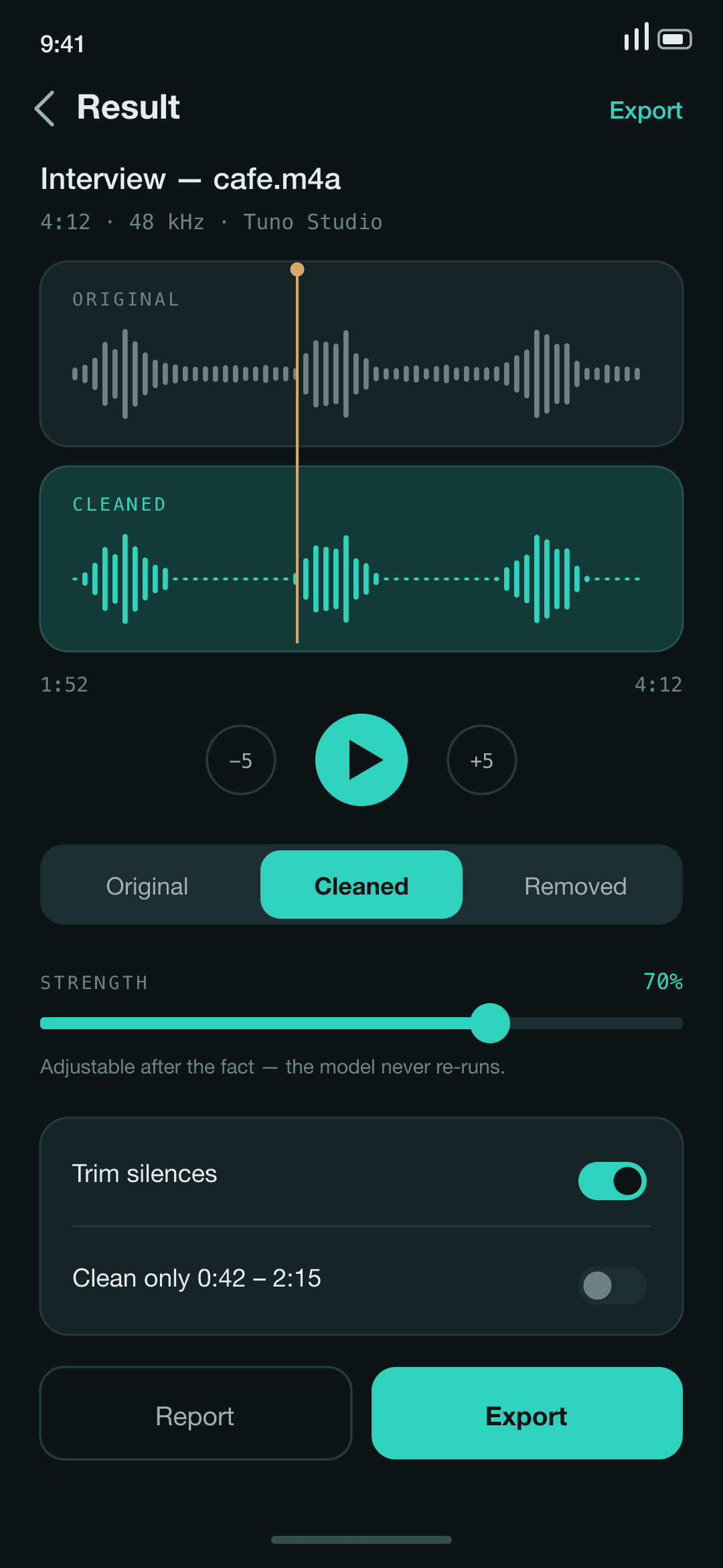 Result screen showing the original and cleaned waveforms stacked, an Original / Cleaned / Removed selector, and a strength dial at 70 percent.