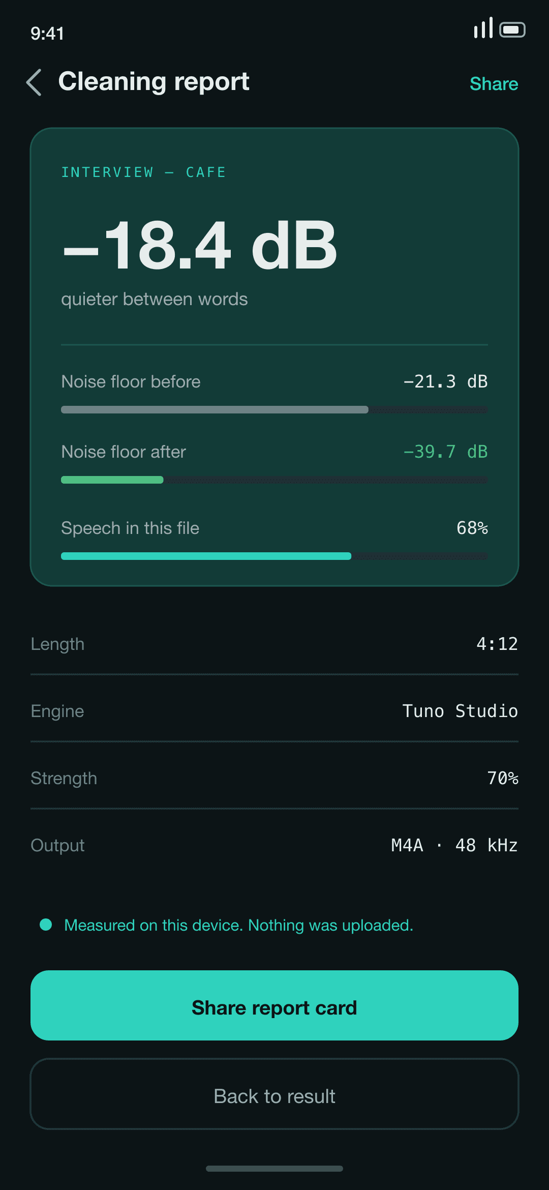 Cleaning report card giving the noise floor before and after in dB, the reduction, and the percentage of the file that is speech.