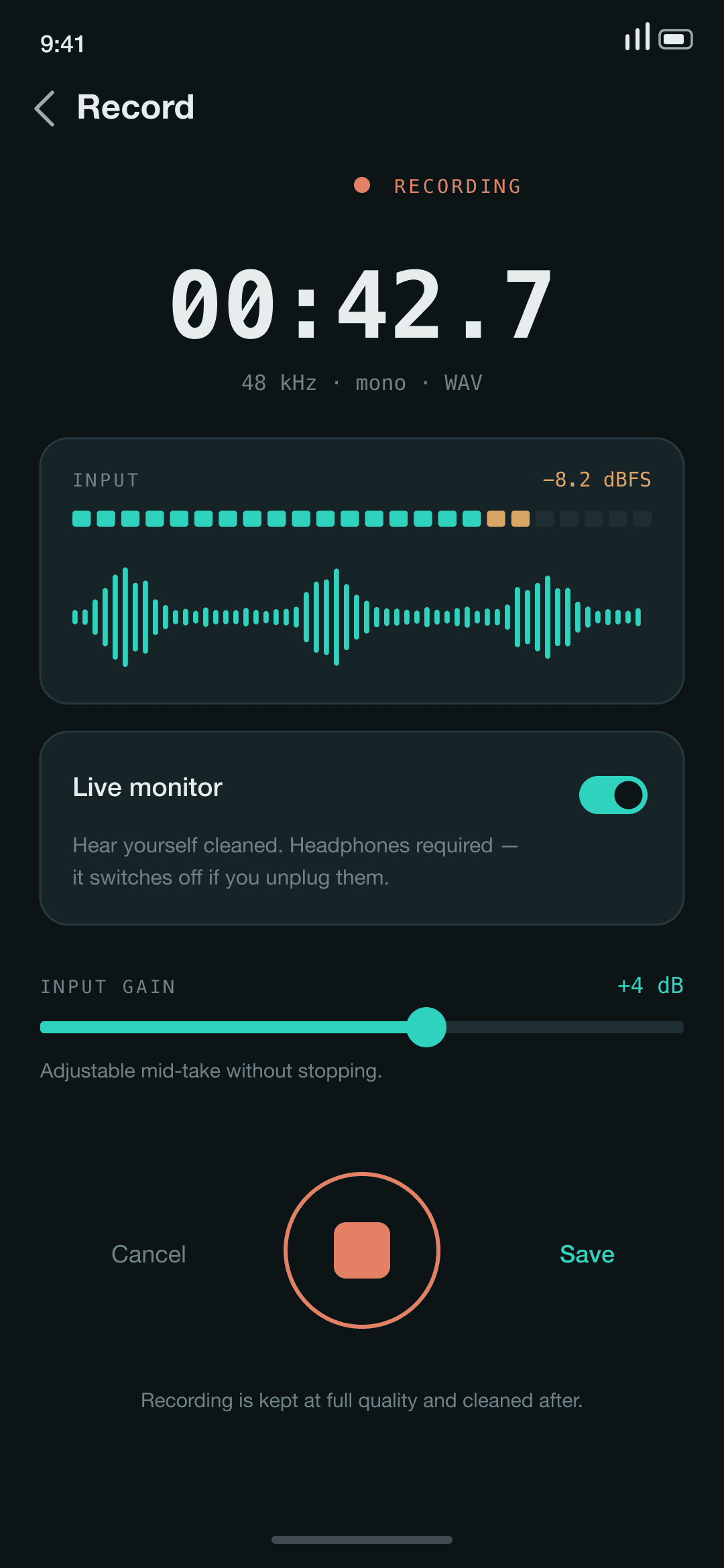 Recorder screen with a live peak meter, elapsed time, and the live monitor toggle showing a headphones-required note.